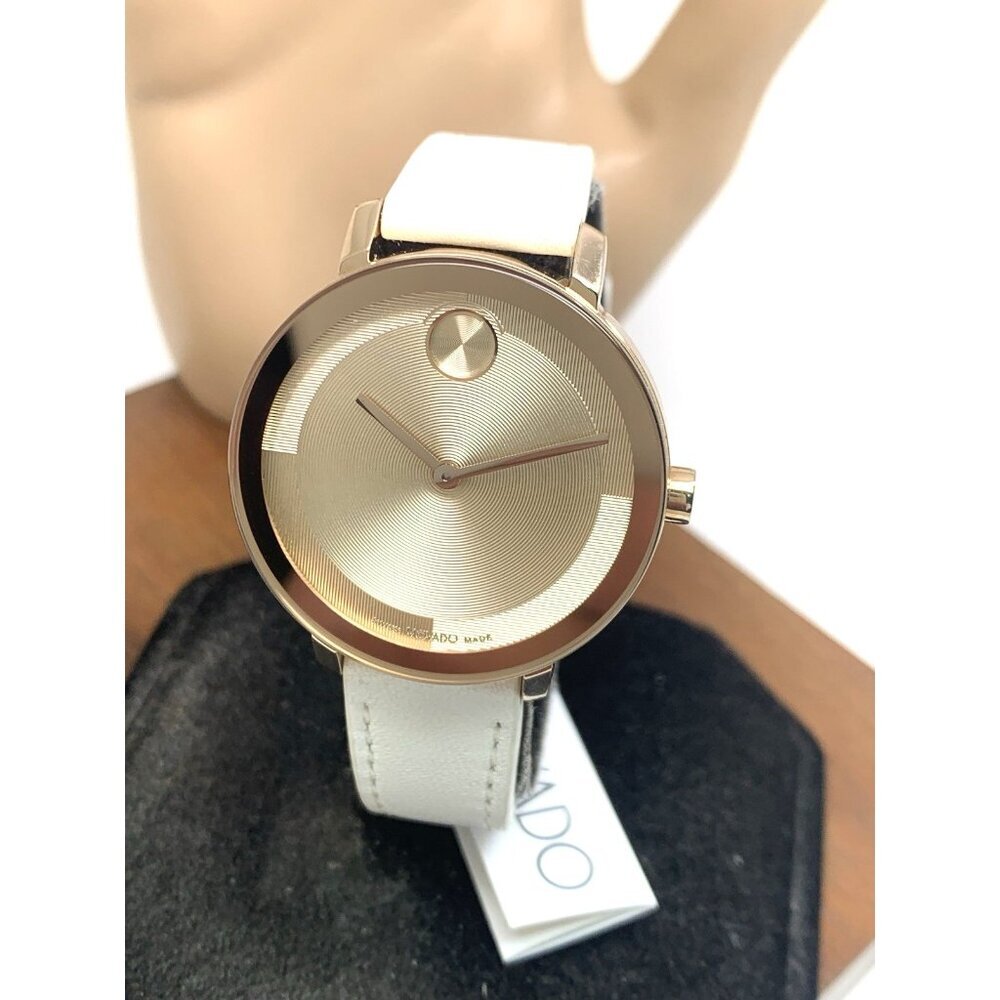 Movado Women's Watch 3601101 Bold Swiss Quartz Rose Gold White Leather Band 34mm
